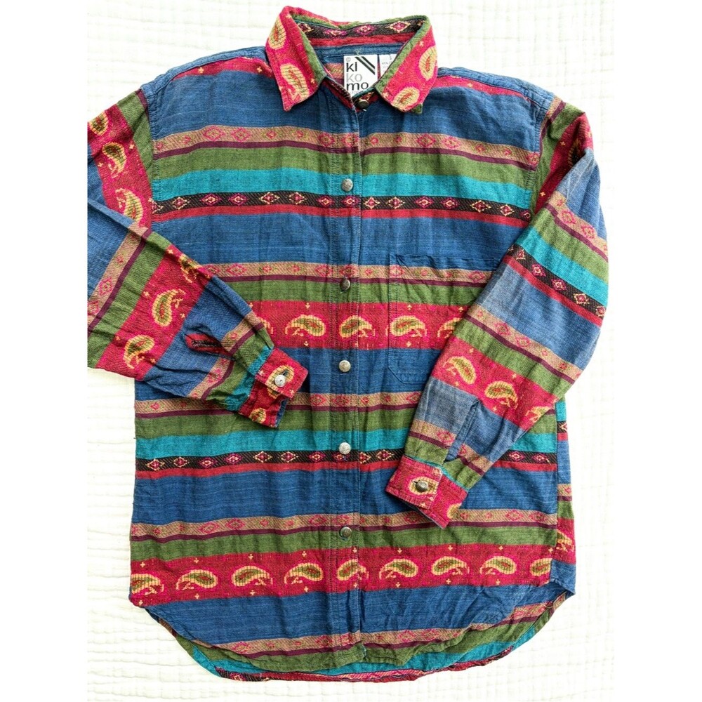 Vintage Kikomo Boho Stripe Shirt Jacket Ethnic Tribal Button Up S
